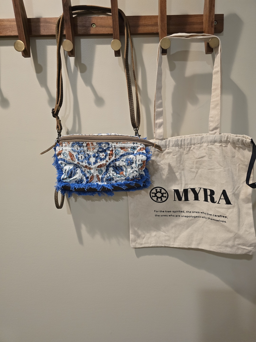Myra Bag Blue and Brown Textile Fringe Crossbody